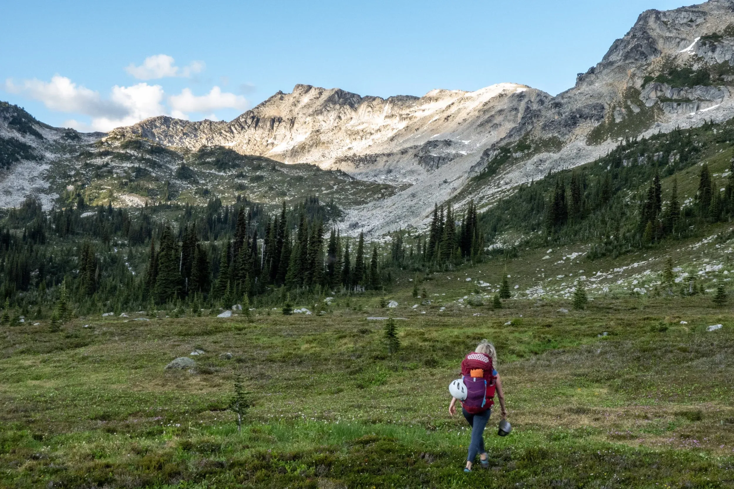 Ascending alpine meadows toward the basin below Beaujolais ahead.