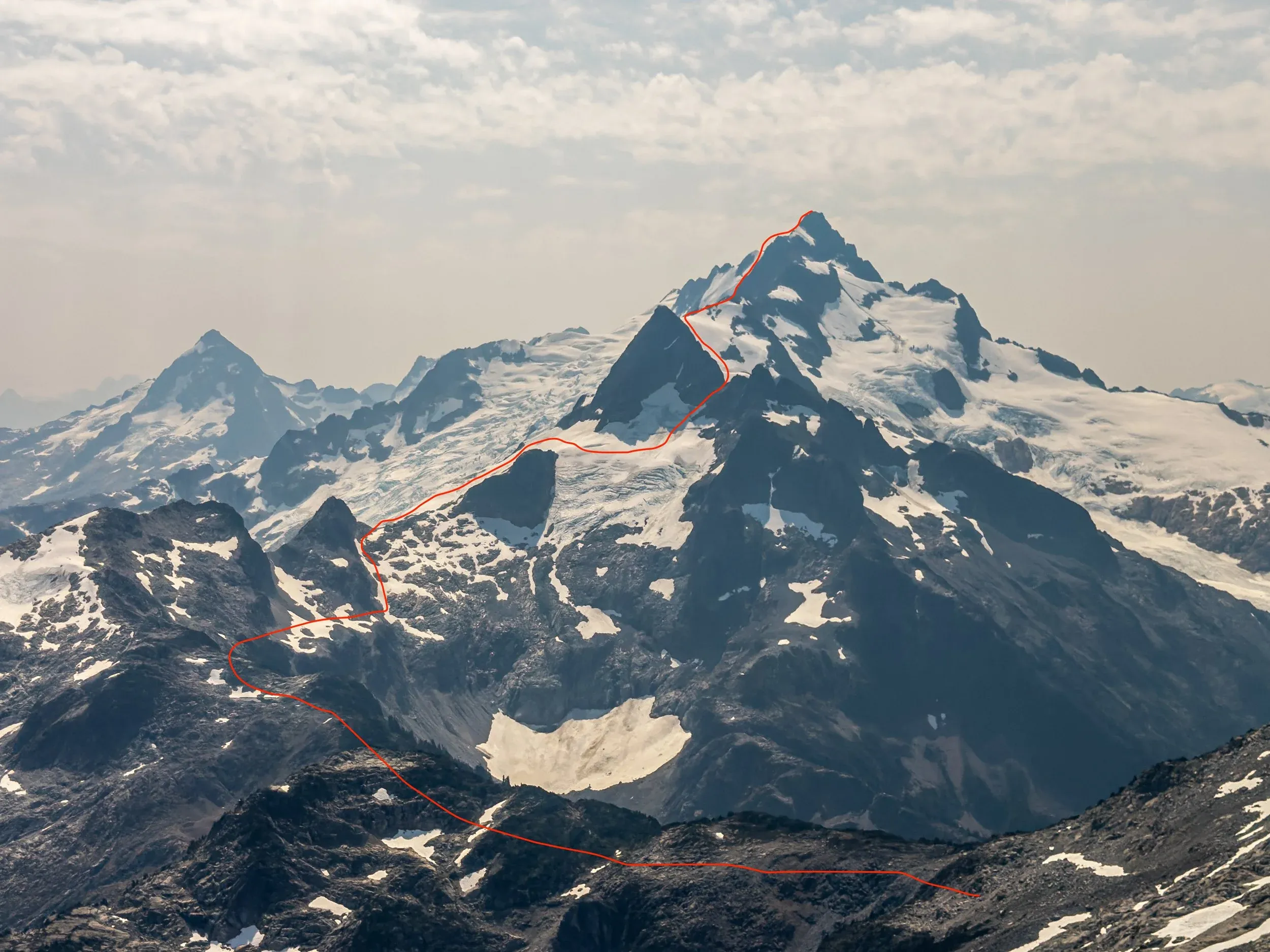 Overview of the ascent route, following the Zenith/Tantalus Ridgeline, with Mount Tanatalus at the end.