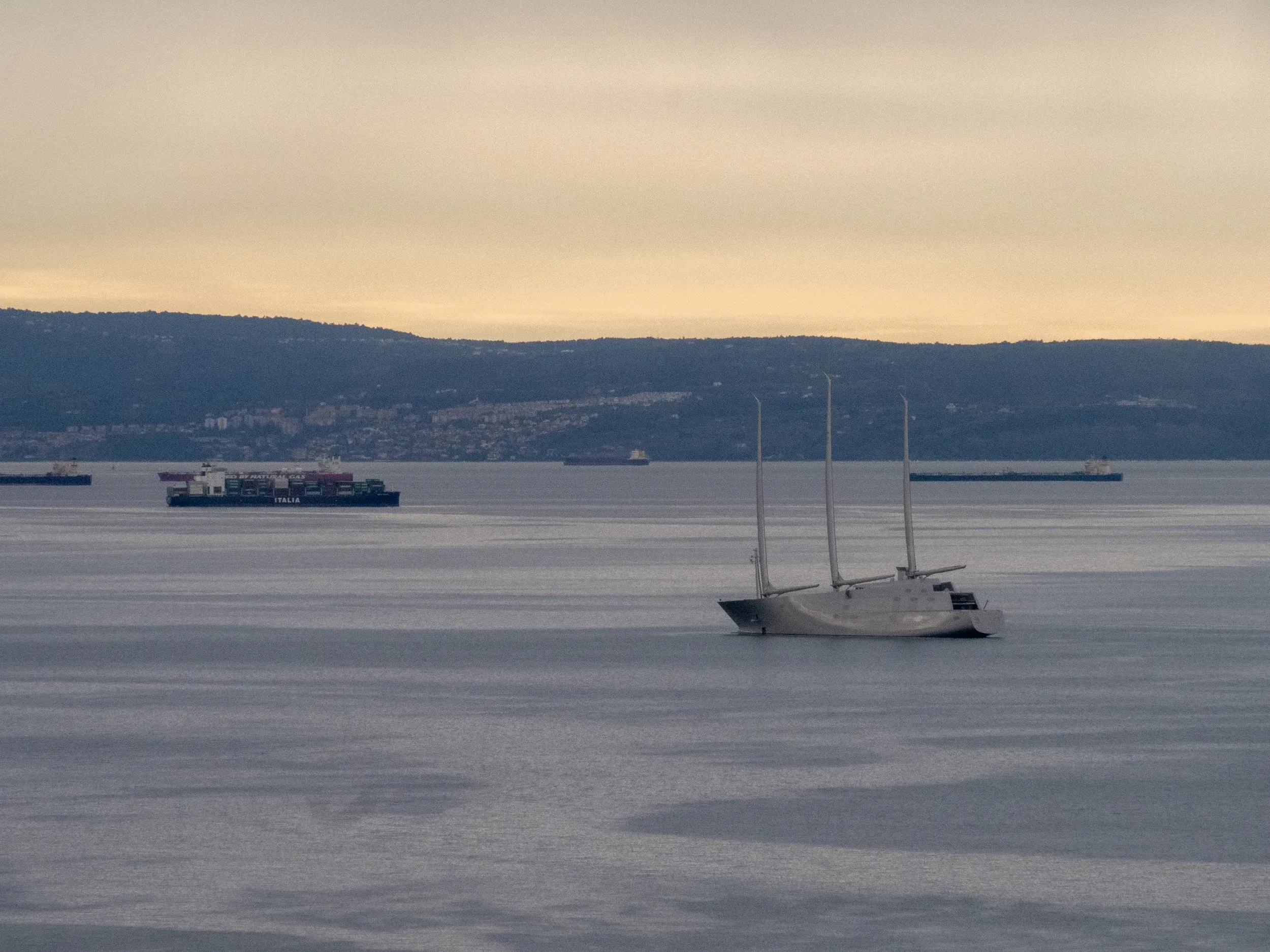Sanctioned Roman Abramovich’s seized $800 million super yacht, anchored outside Trieste..