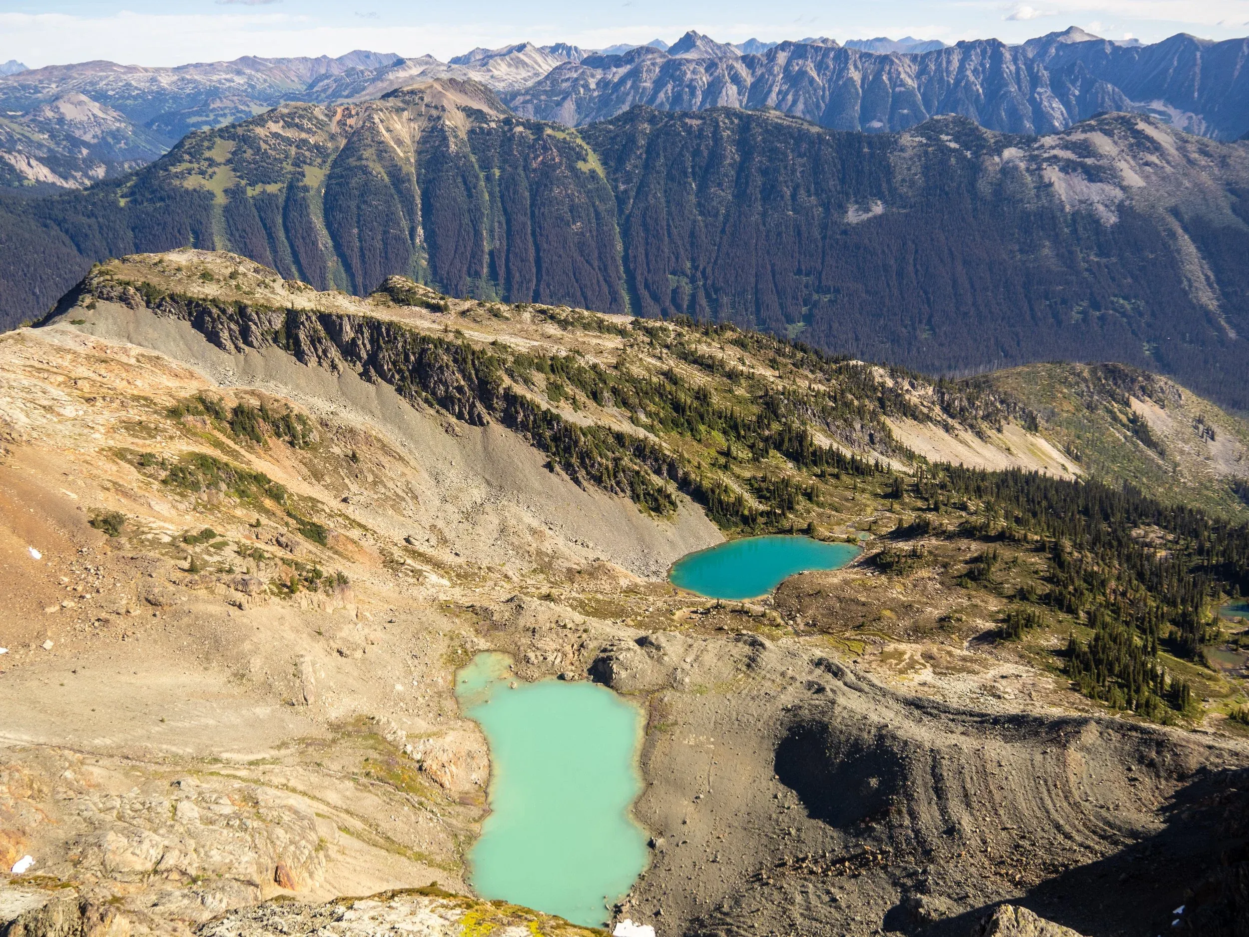 Views from the col east of Barber. More beautiful lakes, the lower one we would pass a few hours later and enjoy a very refreshing swim.
