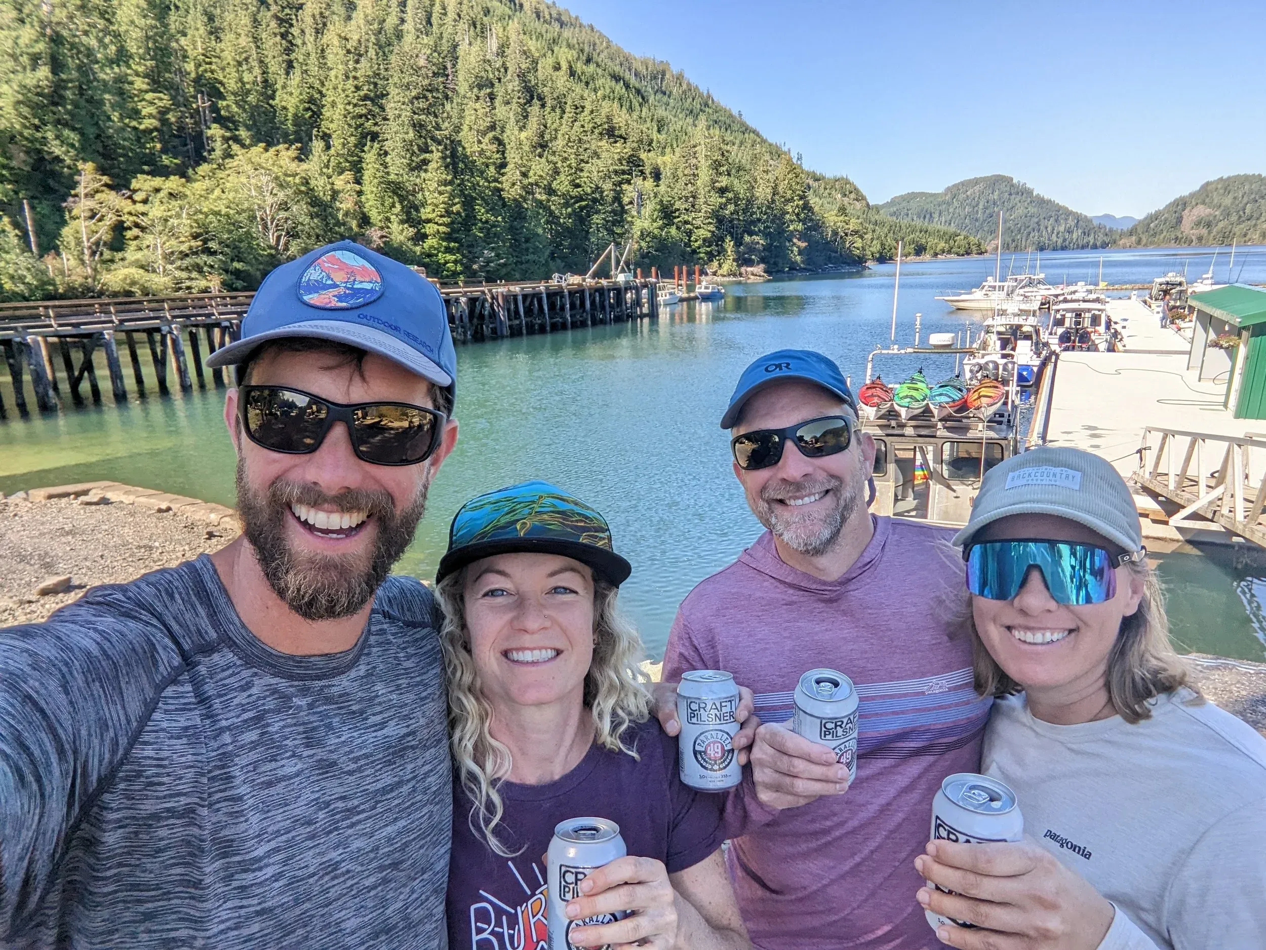 Back in Fair Harbour for a celebratory beer, with Leo’s boats in the background.