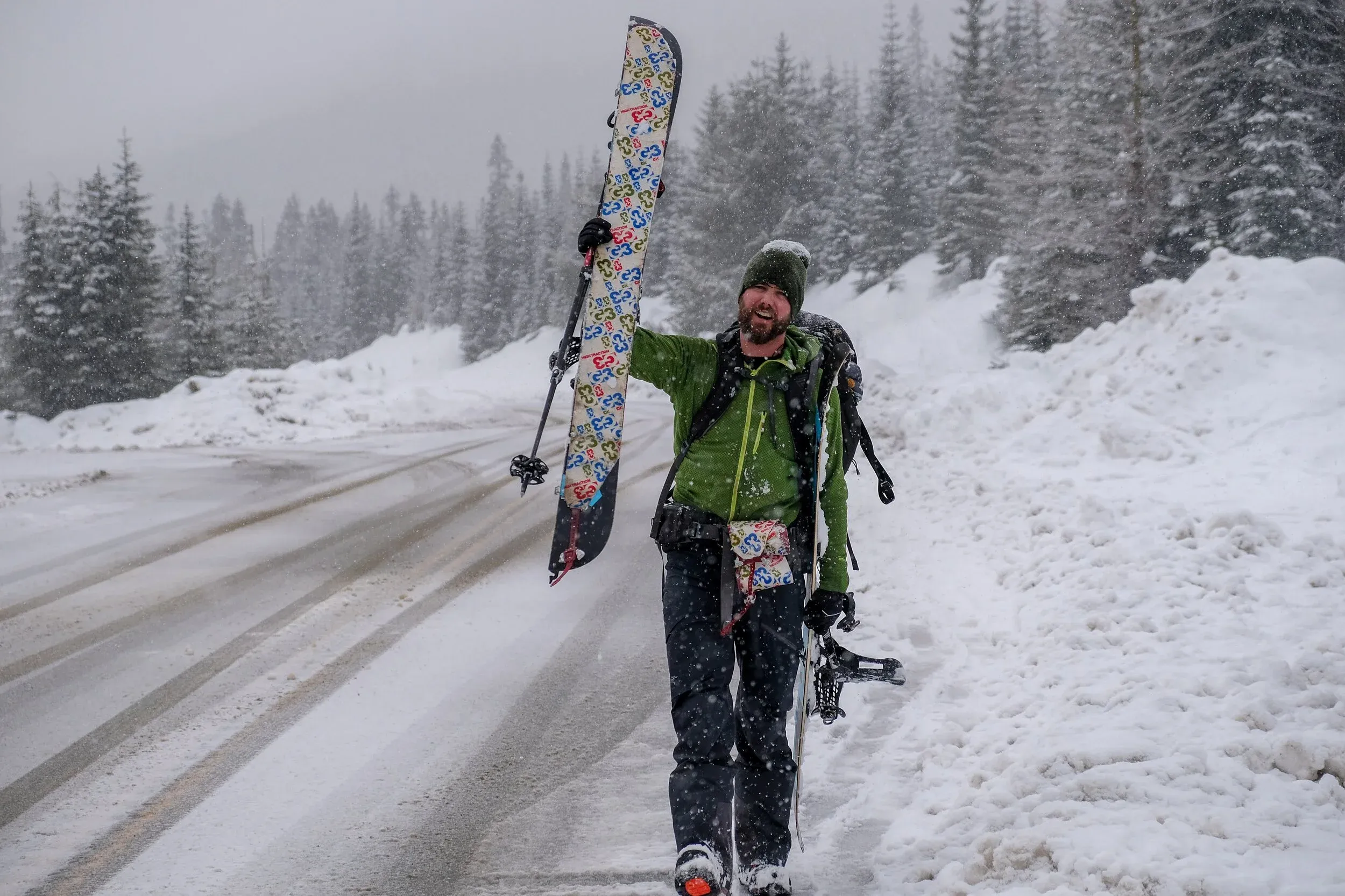 Back at highway after a reasonably success split-ski out on the flat road using the “single skin technique”